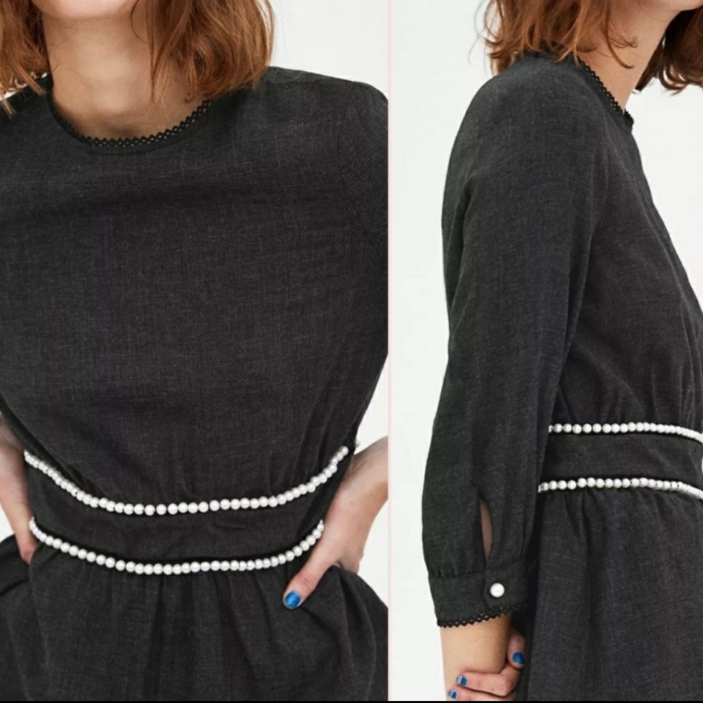 New Zara  Gray pearls blouse zip at  the side  size L